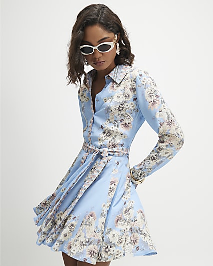 Blue Floral Godet Mini Shirt Dress