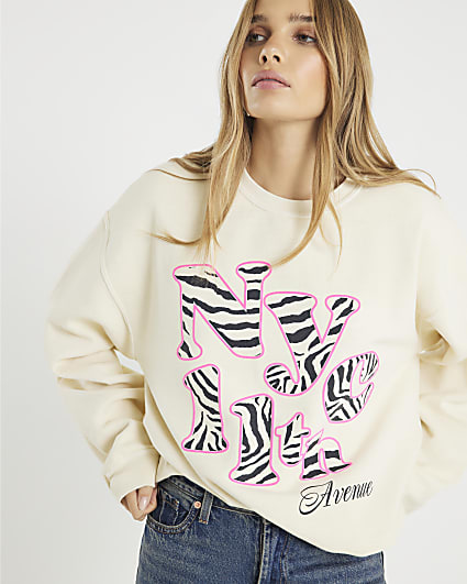 Cream Long Sleeve Zebra Print NYC Sweatshirt