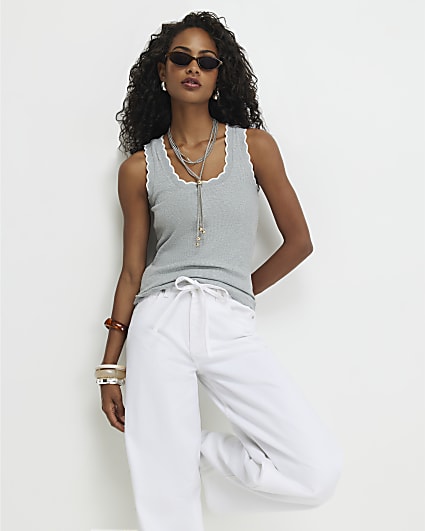 Grey Sleeveless Scallop Trim Tank Top