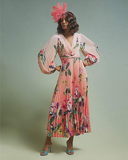 Pink Premium Plisse Floral Midi Dress