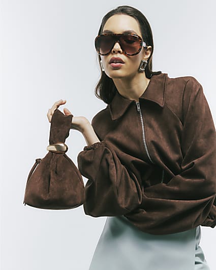 Brown Faux Suede Gold Detail Clutch Bag