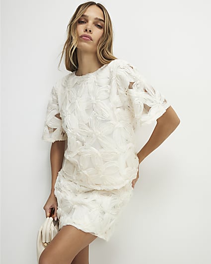 Cream Short Sleeve 3D Floral Top