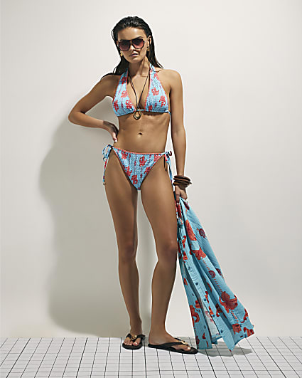 Blue High Leg Shirred Palm Bikini Bottoms