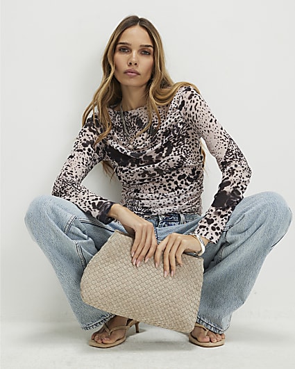 Beige Long Sleeve Boat Neck Spot Print Top