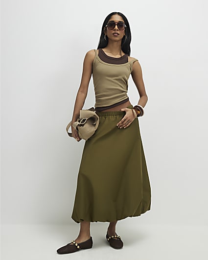 Khaki Bubble Hem Midi Skirt