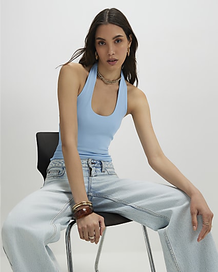 Blue Halter Neck Tank Top