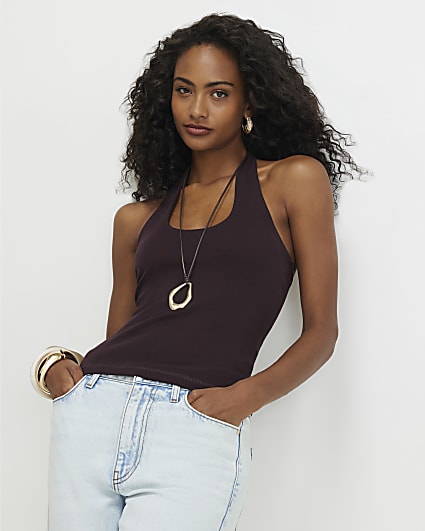 Brown Halter Neck Tank Top