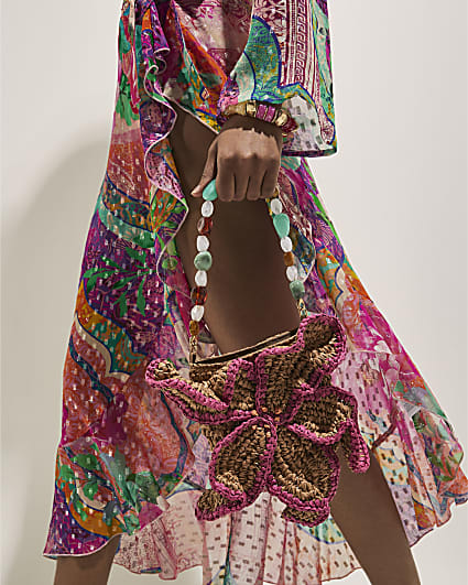 Beige Raffia Flower Bag