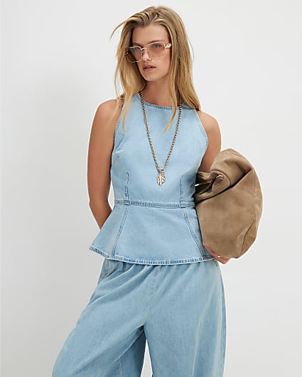 Blue Denim Fitted Waist Top