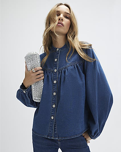 Blue Denim Diamante Button Long Sleeve Shirt