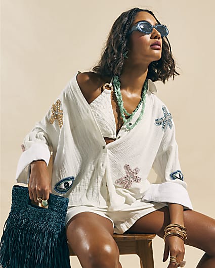 White Embellished Beach Shirt