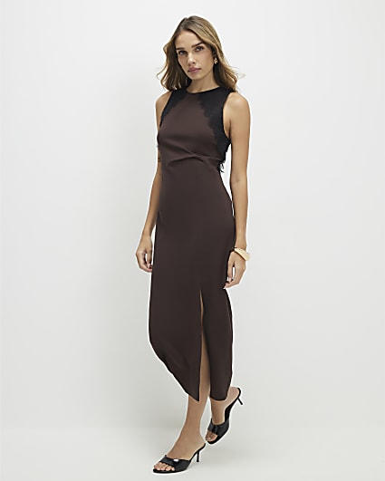 Brown Lace Trim Twist Midi Dress
