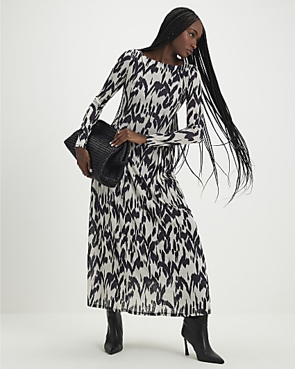 Cream Animal Print Long Sleeve Maxi Dress