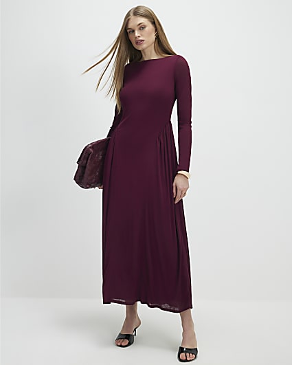 Purple Long Sleeve Gathered Waist Maxi Dress