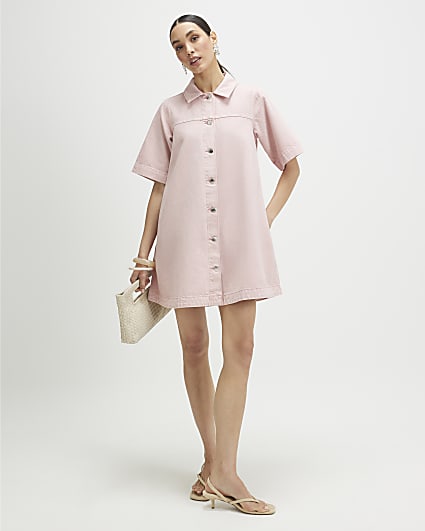 Pink Button Through Denim Dress