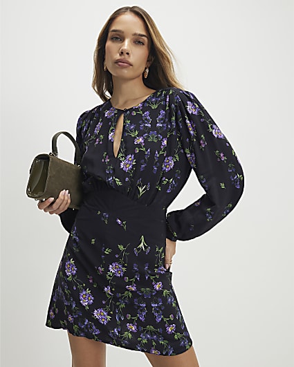 Black Floral Shaped Waist Mini Dress