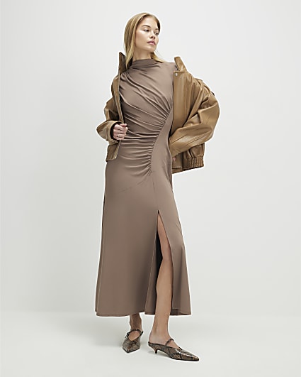 Beige Short Sleeve High Neck Maxi Dress