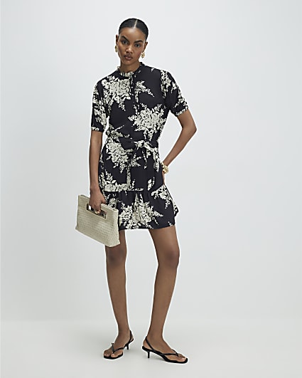 Black Floral Short Sleeve Belted Mini Dress