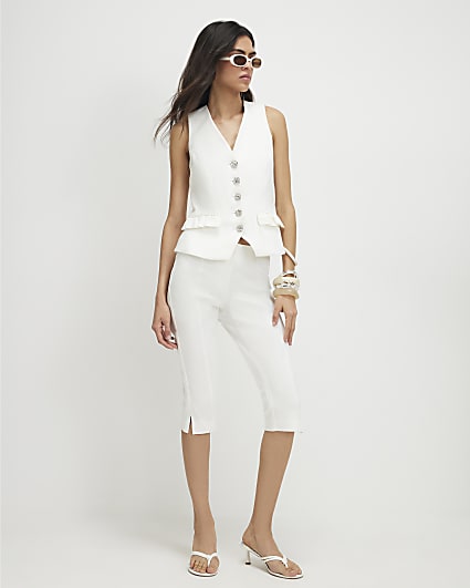 White Cotton Sateen Capri Trousers