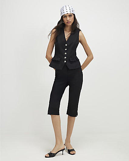 Black Cotton Sateen Capri Trousers