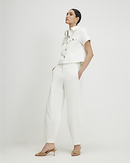 White Cotton Sateen Barrel Leg Trousers