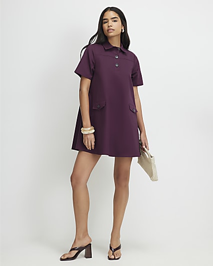 Purple Cotton Sateen Mini Shirt Dress