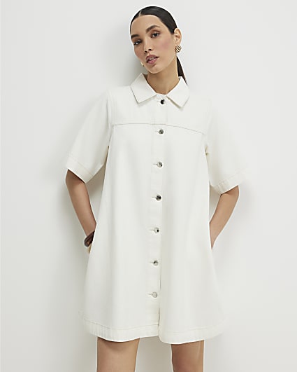 Cream Button Through Denim Dress