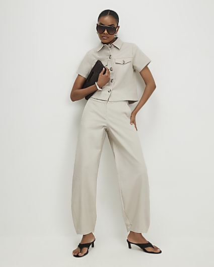 Beige Cotton Sateen Barrel Leg Trousers