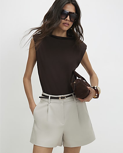 Beige Belted Tailored Shorts