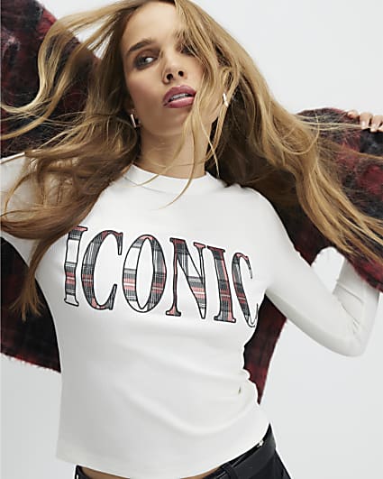 Cream Long Sleeve Iconic Check Fitted T-Shirt