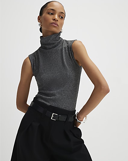Grey Cosy Sleeveless Cowl Neck Top