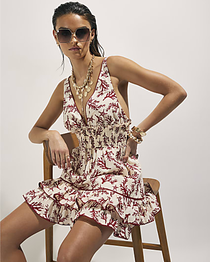 Cream Coral Print Mini Beach Dress