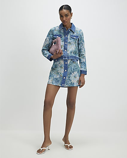 Blue Denim Floral Tapestry Mini Skirt