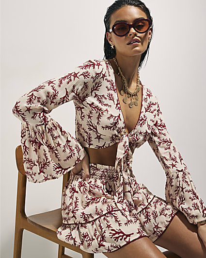 Cream Coral Print Tie Top And Skirt Set