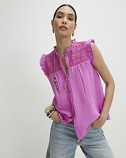 Pink Lace Yoke Blouse