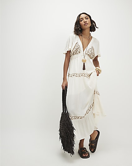 Cream Beaded Maxi Dress