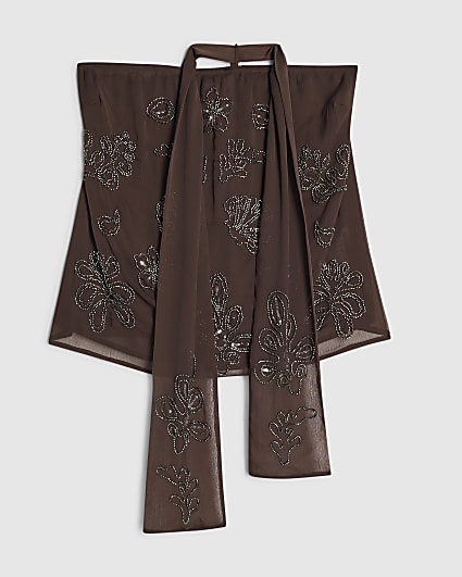 Brown Embellished Bandeau Beach Top