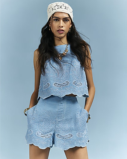 Blue Embroidered Elastic Denim Shorts