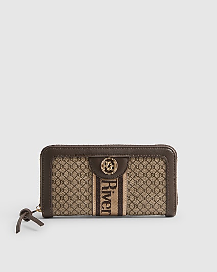 Brown Monogram Print Webbing Front Purse