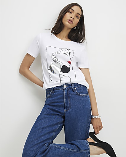 White Sketchy Face Red Lips T-Shirt