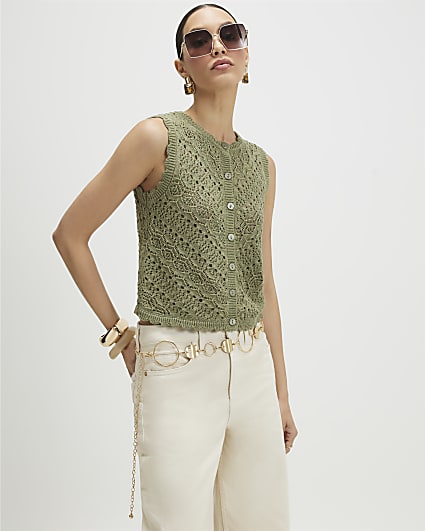 Khaki Metallic Knit Scallop Trim Top