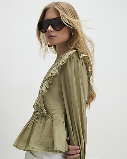 Khaki Cutwork Ruffle Blouse