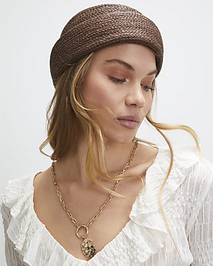 Brown Turn Back Pillbox Hat