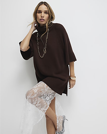 Brown Hybrid Lace Hem Midi Dress