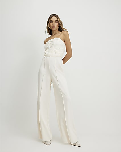 Cream 3D Flower Bandeau Jumpsuit