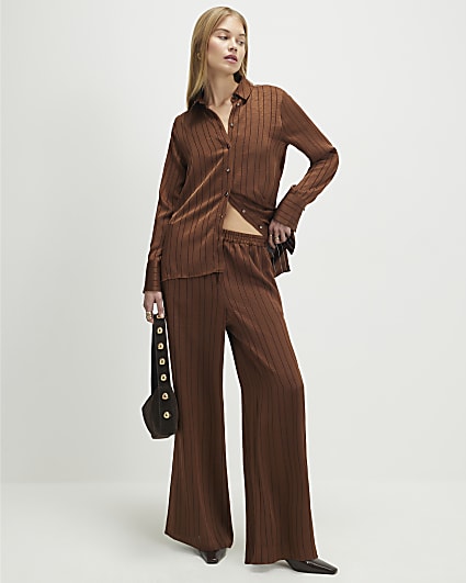 Brown Striped Drawstring Wide Leg Trousers