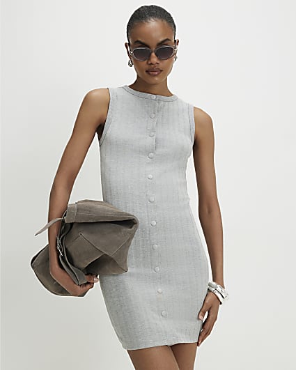 Grey Sleeveless Popper Ribbed Mini Dress