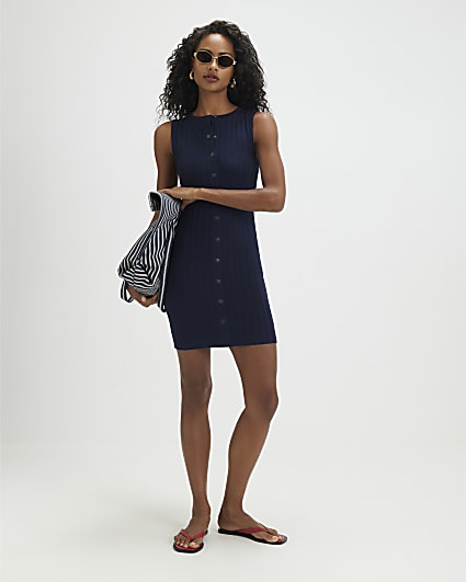 Navy Sleeveless Popper Ribbed Mini Dress