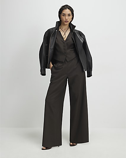 Brown Pinstripe Wide Leg Trousers