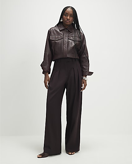 Red Pinstripe Pleated Wide Leg Trousers